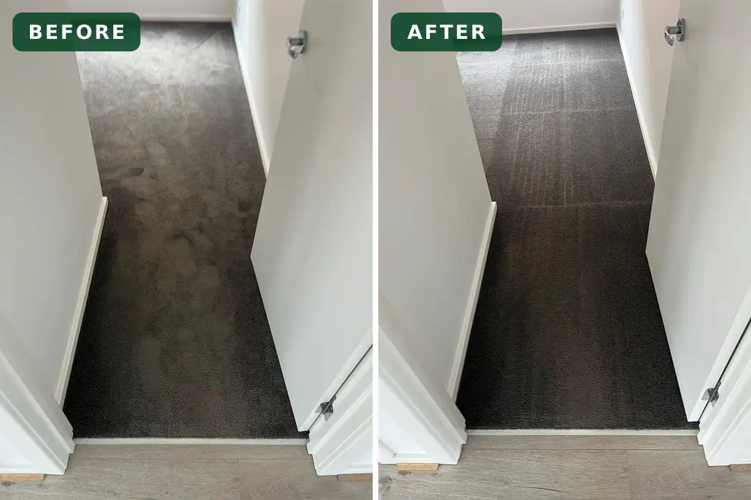 Worn hallway carpet before and after cleaning in Armstrong Creek
