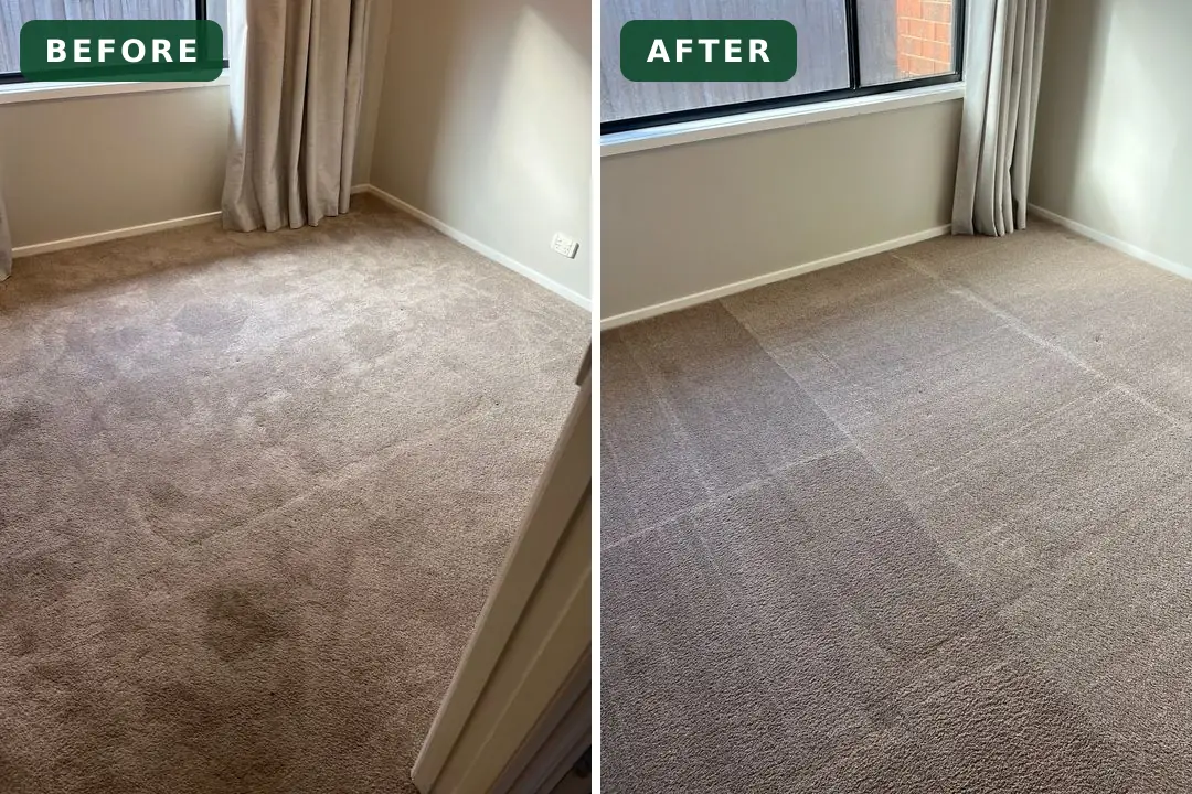 Stained bedroom carpet before and after cleaning in Bell Park