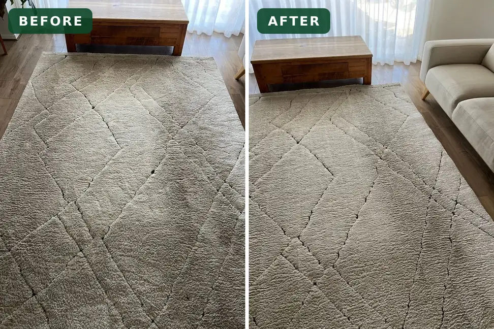 Cream shag rug before and after cleaning in Armstrong Creek