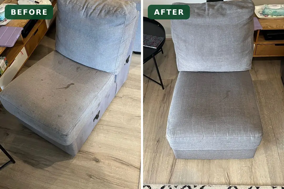 Stained fabric modular seat before and after cleaning in Bannockburn
